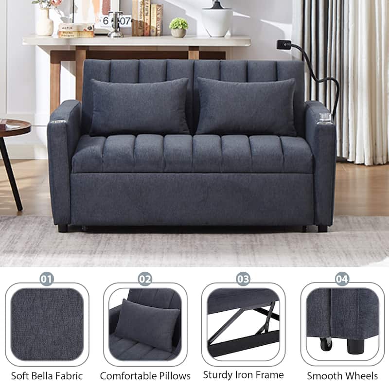 Anmytek 56 Inch Blue Grey Convertible Sofa Bed Loveseat with USB Ports Cup Holders and Swivel Phone Holder