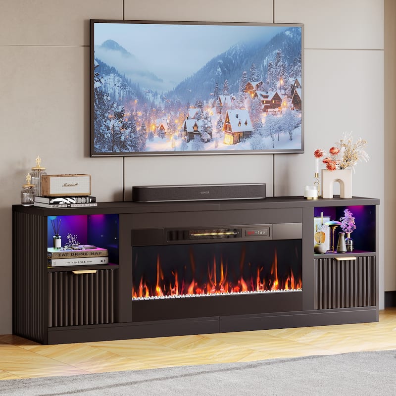 Bestier 71 in. Fluted Glossy White TV Stand with Electric Fireplace Fits TV Up to 80 in. Entertainment Center with Cabinet