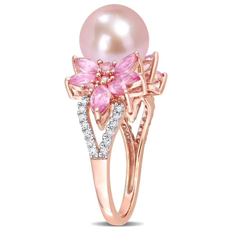 Miadora 9-9.5mm Cultured Freshwater Pink Pearl 1 7/8ct TGW Pink Sapphire and 1/8ct TDW Diamond Flower Ring in 14k Rose Gold