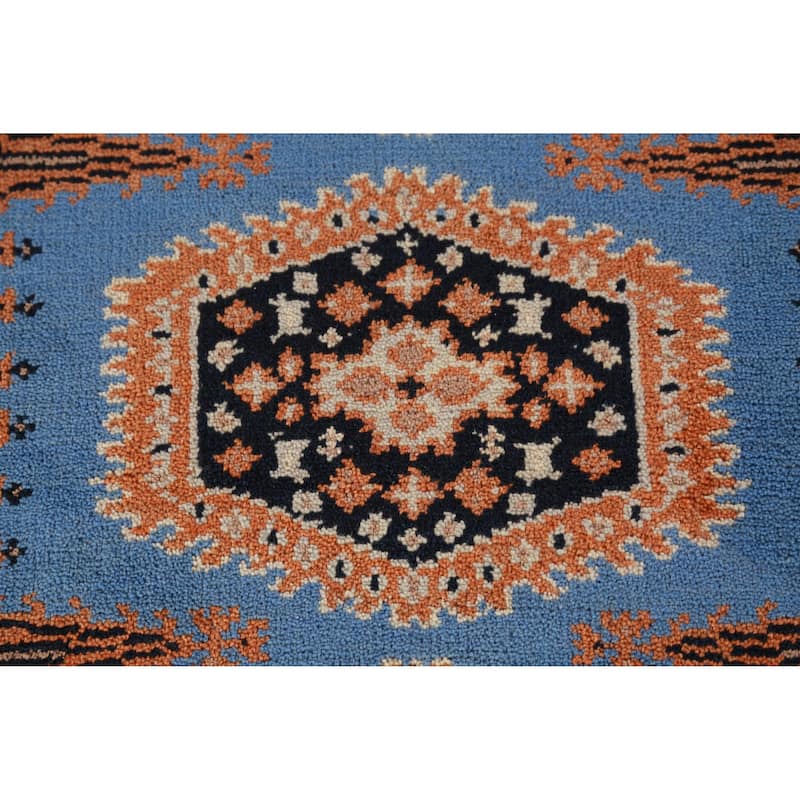 Hand Knotted Oriental 100% Wool Carpet Traditional Geometric Navy Blue & Blues Viss Runner Rug - 9' 8'' X 2' 6''