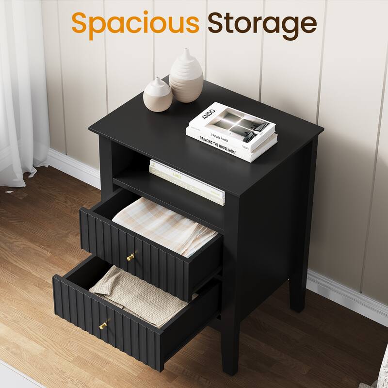 Fluted Nightstand with 2 Drawers and Storage Shelf, Ideal for Bedroom, Living Room, Black
