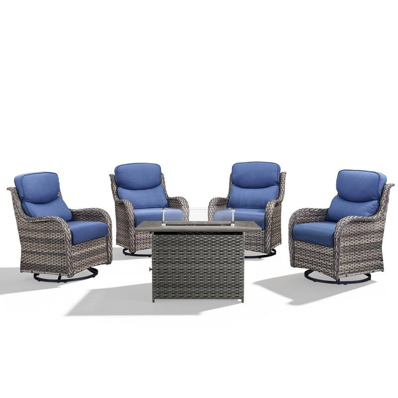 Meyreso 5-Piece Outdoor Patio Wicker Fire Pit 4 person Conversation Set with 5-Inch Thick Cushions