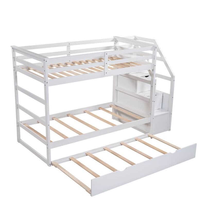 Twin Over Twin Bunk Bed with Trundle and 3 Storage Stairs for Kids/Teens/Adults