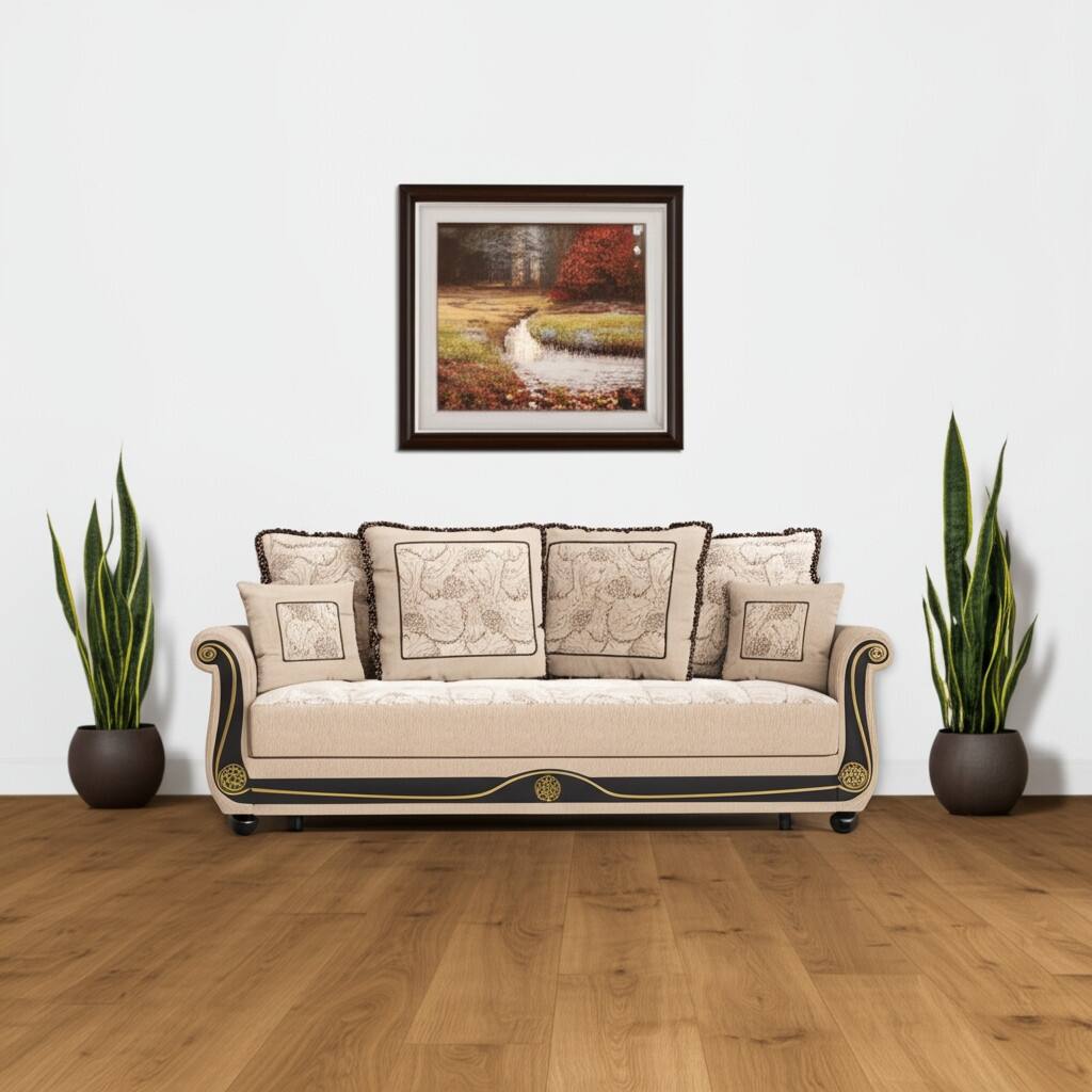 HomeRoots 95" Beige Chenille Convertible Futon Sleeper Sofa And Toss Pillows With Storage