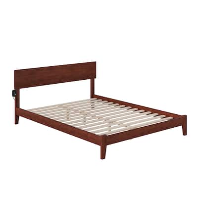 Low Profile Platform Bed with USB - Walnut Finish, Mid-Century Modern Design & Slat Kit