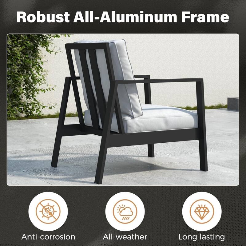 Set of 2 28" Aluminum Patio Armchairs with Thick Light Gray Cushions Black Frame