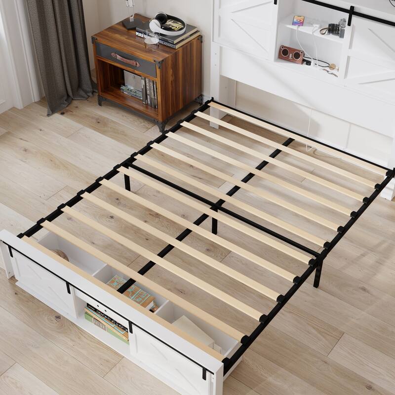 Storage Bed Queen Size Bed Frame w/Charging Station Light Drawers