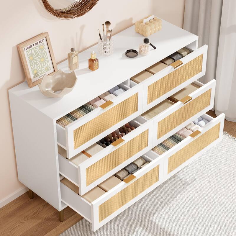 6 Drawer Rattan Dresser for Bedroom, Wide Double Dresser Chest of Drawers