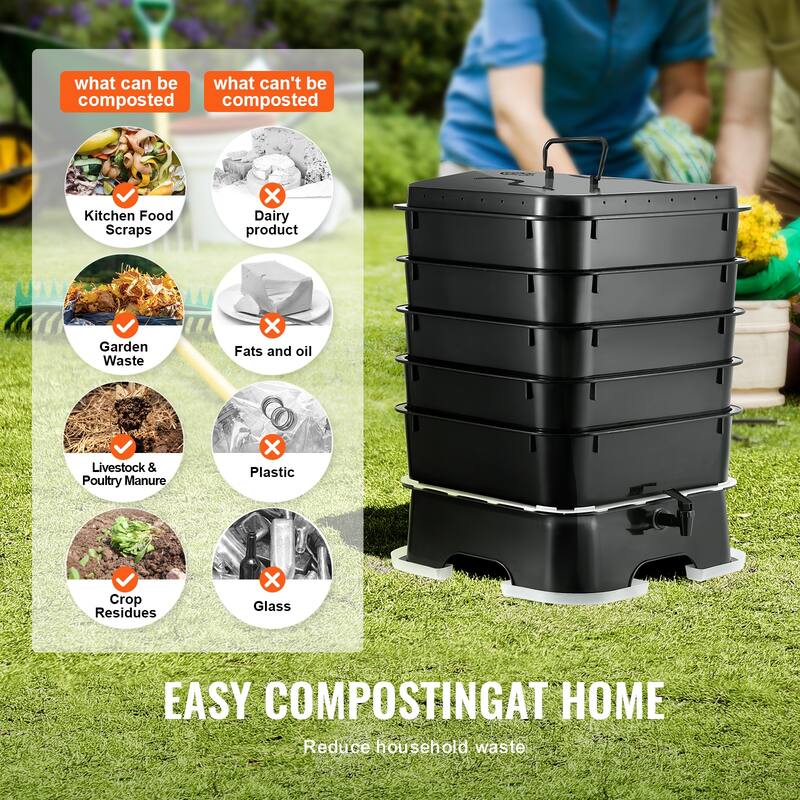 5-Tray Worm Composter, 50 L Worm Compost Bin Outdoor and Indoor, Sustainable Design Worm Farm Kit, for Recycling Food Waste