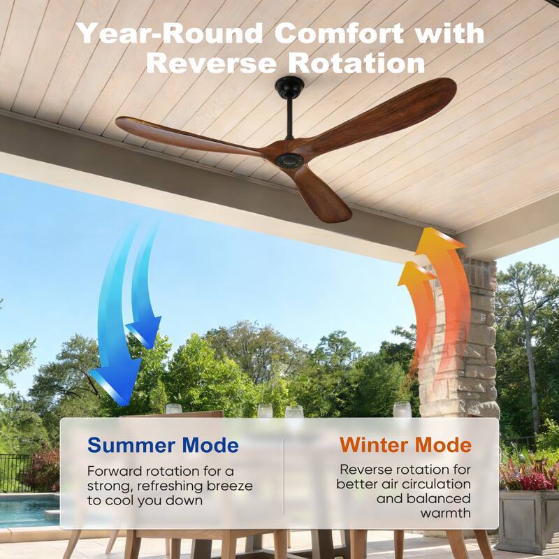 72"Large Size Solid Wood Ceiling Fan without Lights with Remote Control and Wall Switch, for Patio,Indoor,Living Room,Bedroom