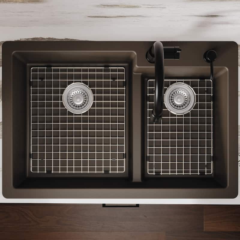 Karran 33" Top Mount Large/Small Bowl Quartz Kitchen Sink Kit - 33" x 22" x 9"