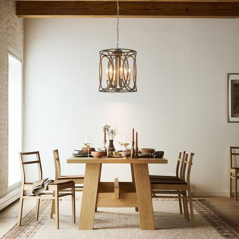4-light Retro Bronze Rusted Finish Drum/Cylinder Frame Design Chandelier For Use in Kitchen Island, Dining Rooms