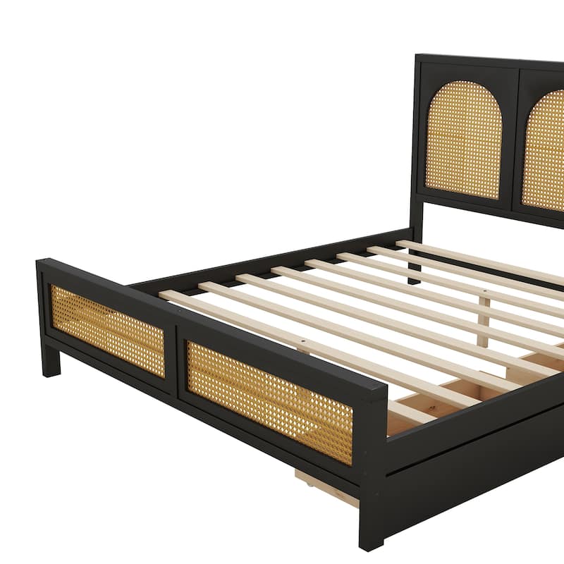 Queen Size Wood Platform Bed with Rattan Headboard, Footboard, and Storage Drawers