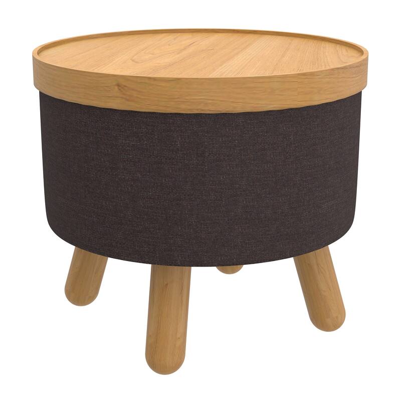 Mid-Century Modern Fabric and Wood Round Storage Ottoman with Tray