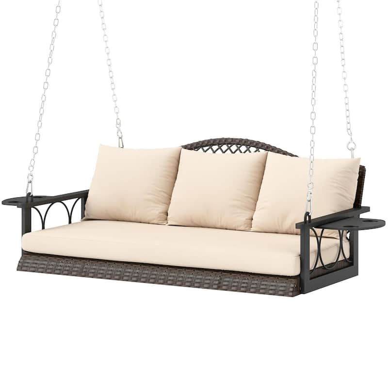 3-Person Wicker Porch Swing, Cushions, Cup Holders, Hanging Chains
