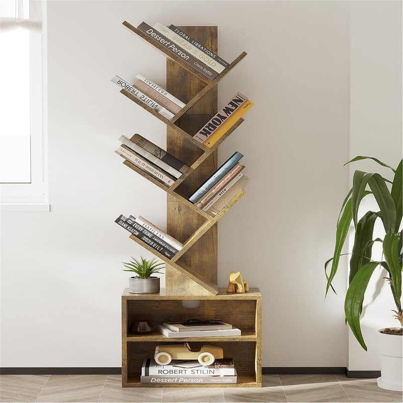 6 Tier Tree Bookshelf,Small Bookcase with Storage Cabinet - 6.56"D x 12.14"W x 39.5"H