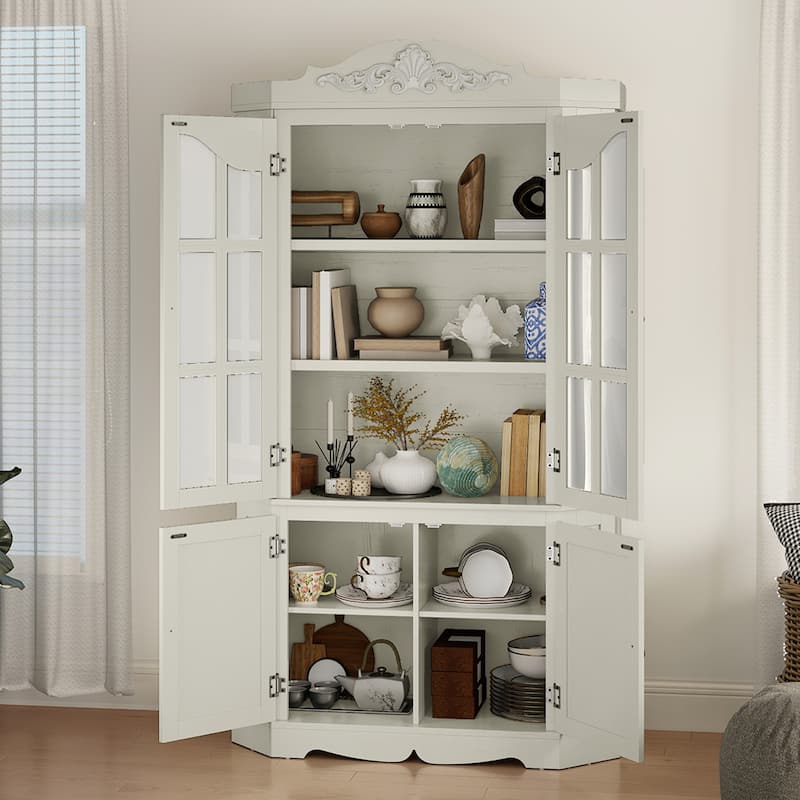 Moasis 70.8" Tall Farmhouse Glass Display Storage Cabinet with Adjustable Shelves - White