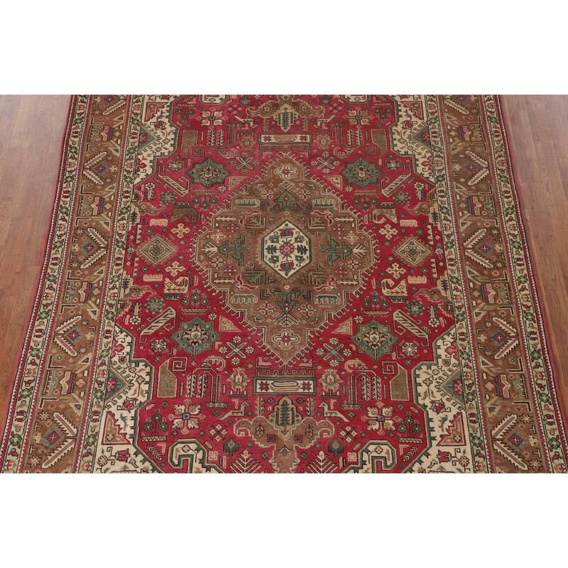 Geometric Pink Tabriz Persian Vintage Rug Hand-Knotted Wool Carpet - 6'7"x 9'9"