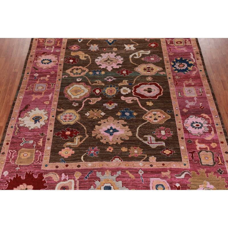 Hand Knotted Oriental 100% Wool Carpet Transitional All-Over Brown Oushak Area Rug - 11' 9'' X 9' 5''