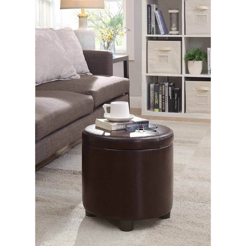 Convenience Concepts Designs4Comfort Round Accent Storage Ottoman with Reversible Tray Lid - Espresso Faux Leather