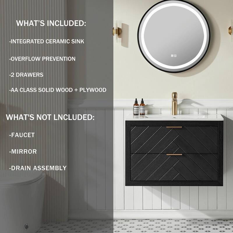 30-inch Wall-Mounted Floating Single Vanity with Ceramic Sink
