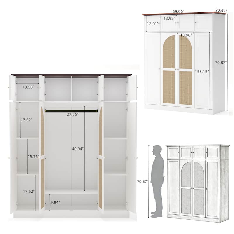 Tall 8 Door Armoire Wardrobe Closet with Hanging Rod and Adjustable Shelves, Rattan Door Storage Cabinet