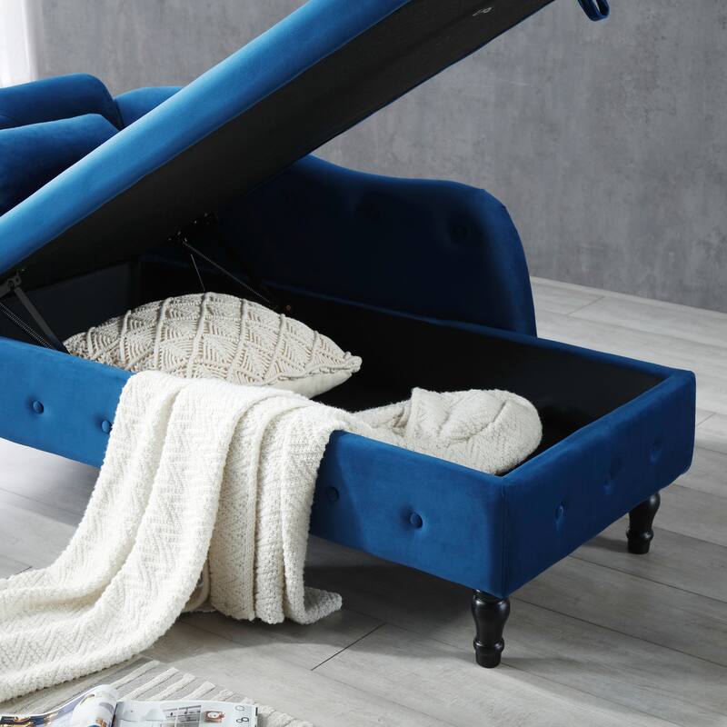 Modern 60" Velvet Upholstered Buttons Tufted Chaise Lounge Chair with Solid Wood Legs and Storage