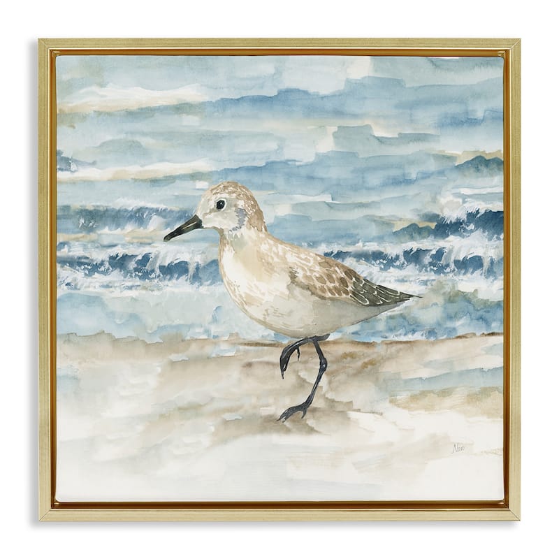 Stupell Balancing Sandpiper on Shore Framed Floater Canvas Wall Art Design By Nan - 18 x 18 - Gold