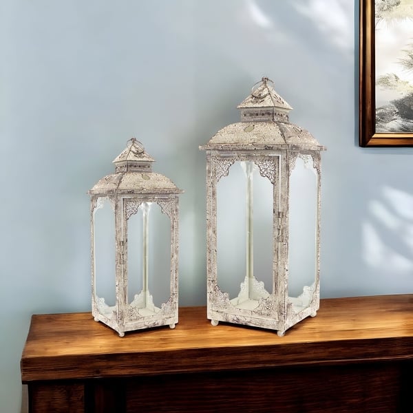 Set Of Two Gray Flameless Floor Lantern Candle Holder Set Of Two Gray Flameless Floor Lantern Candle Holder