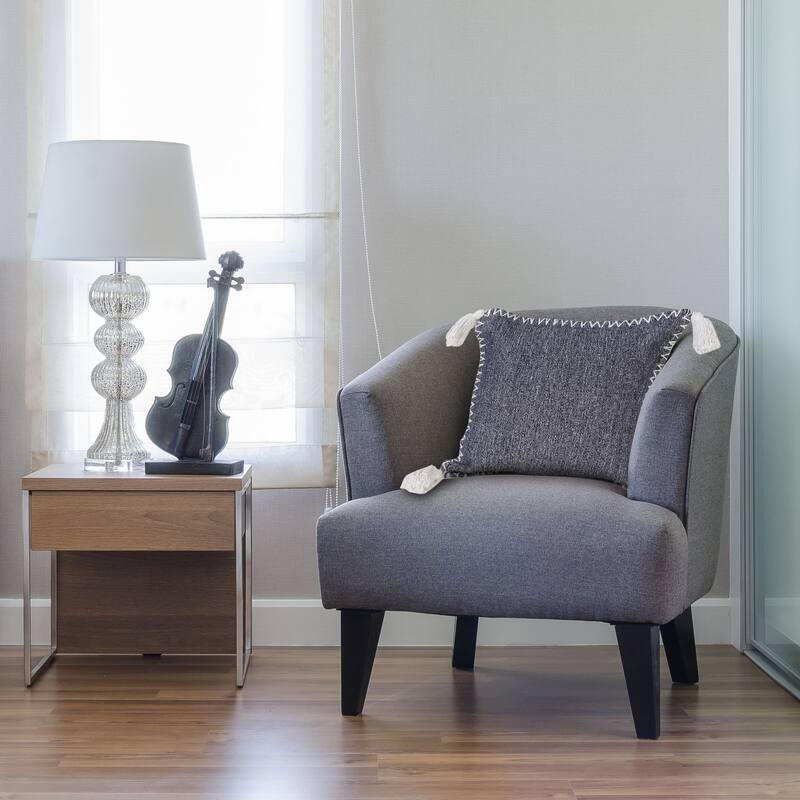 20" Blue and White Stonewash Embroidered Edge Square Throw Pillow with Tassels