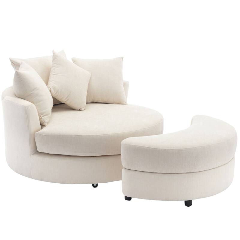 Oversized Swivel Barrel Chair, Chenille Upholstered Leisure Chair, Sofa Chair with Storage Ottoman & 4 Pillows