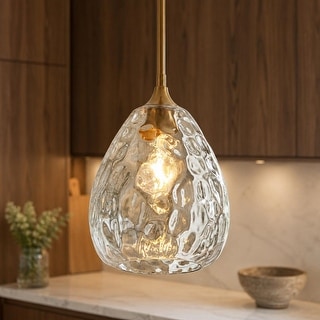 LALUZ Modern 1-Light Brass Gold Pendant Hand-blown Clear Glass Light for Kitchen Island
