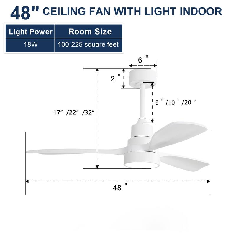 48 Inch Indoor Wood Ceiling Fan with Remote Control, 3 Solid Wood Blades Ceiling Fan Light