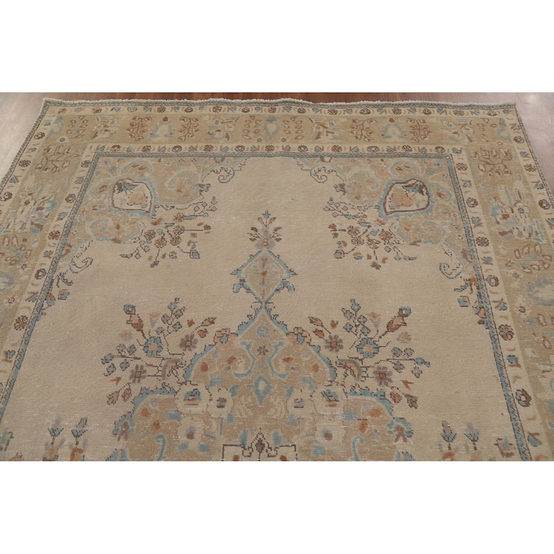 Vintage Geometric Distressed Tabriz Persian Rug Handmade Wool Carpet - 6'3" x 9'9"