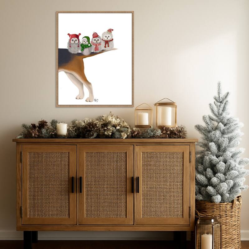 Christmas Bummer Owls by Fab Funky (23 x 28 in.), Framed Canvas Wall Art Print - Sylvie Beaded Rustic Natural