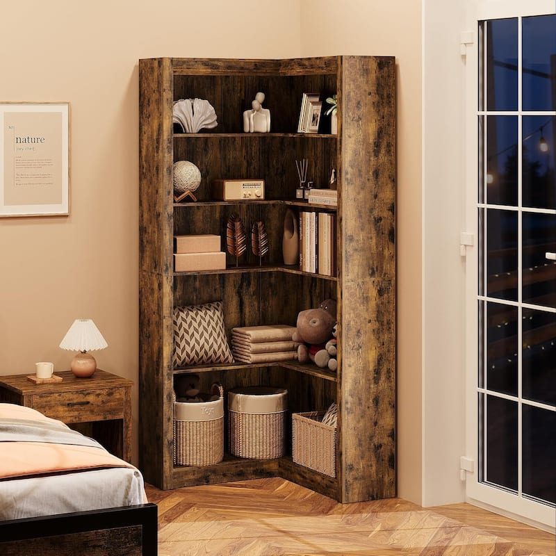 Industrial L Shaped Corner Bookshelf with Open Shelves - N/A