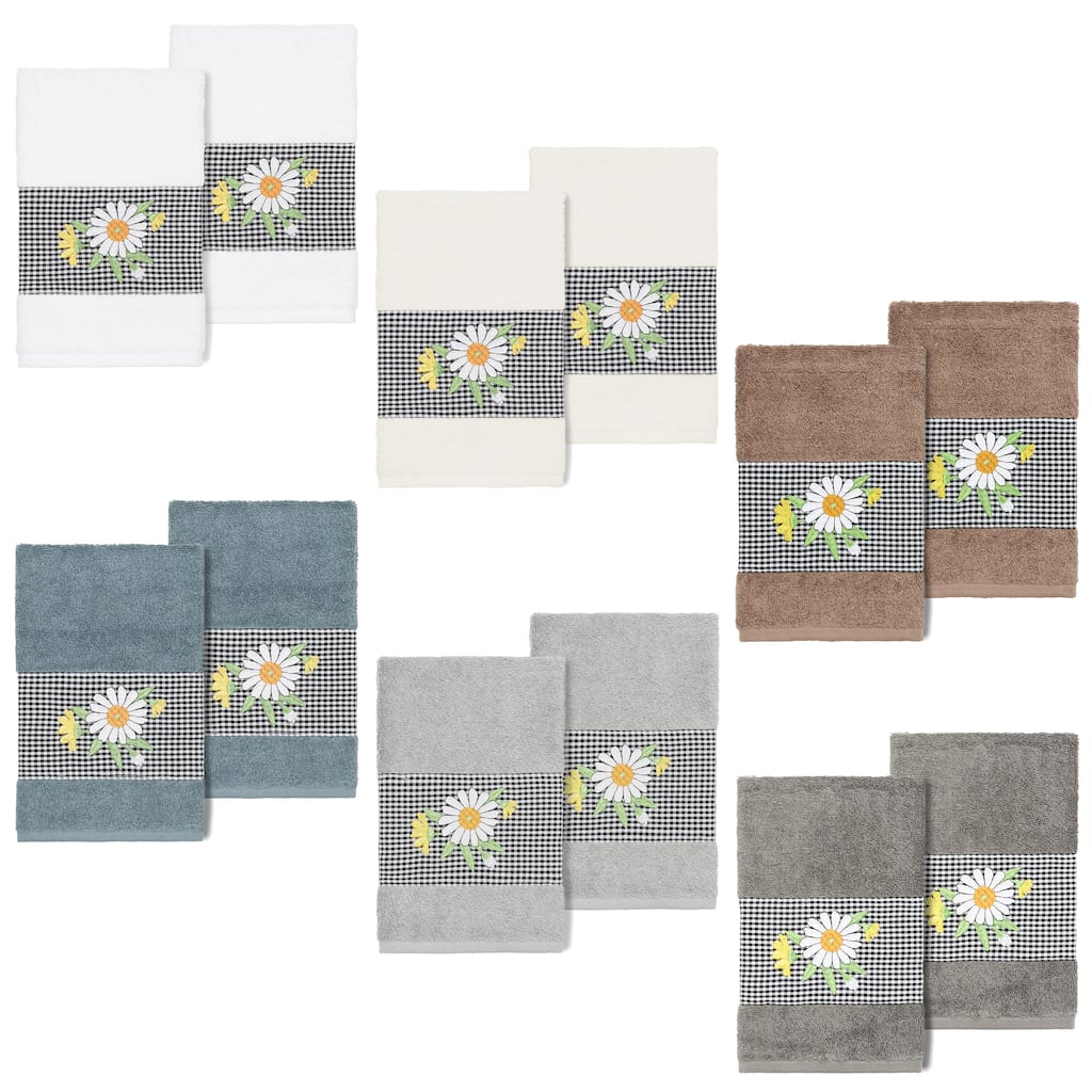 Authentic Hotel and Spa 100% Turkish Cotton Daisy 2PC Embellished Hand Towel Set