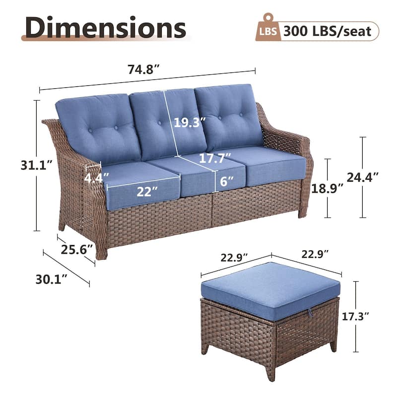 Artisan 3-Seat Wicker Patio Sofa with 6-Inch Thick Cushions and 2 Ottomans