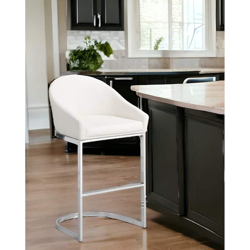 HomeRoots 35" White and Silver Faux Leather and Steel Low Back Bar Height Bar Chair - Extra Tall - Single - White