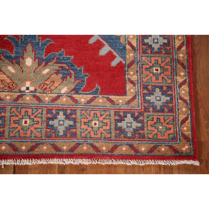Red Geometric Kazak Accent Rug Hand-Knotted Wool Carpet - 3'4"x 5'0"