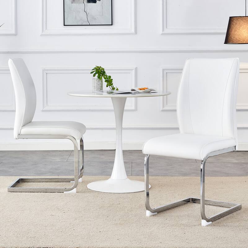Armless Dining Chairs set of 2, Faux Leather Conference Room Chair with Bent Metal Legs High Back Upholstered Side Chair - White+Silver