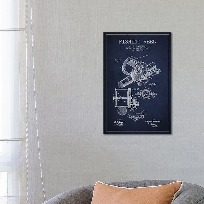 iCanvas "Fishing Reel Navy Blue Patent Blueprint" by Aged Pixel Canvas Print - 26x18x1.5