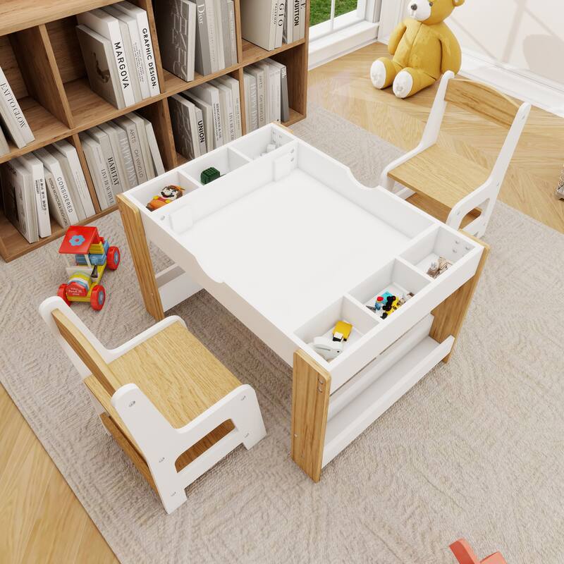 Anmytek White Kids 2 in 1 Activity Play Table and 2 Chairs Set with 7 Storage Compartments for Building Blocks