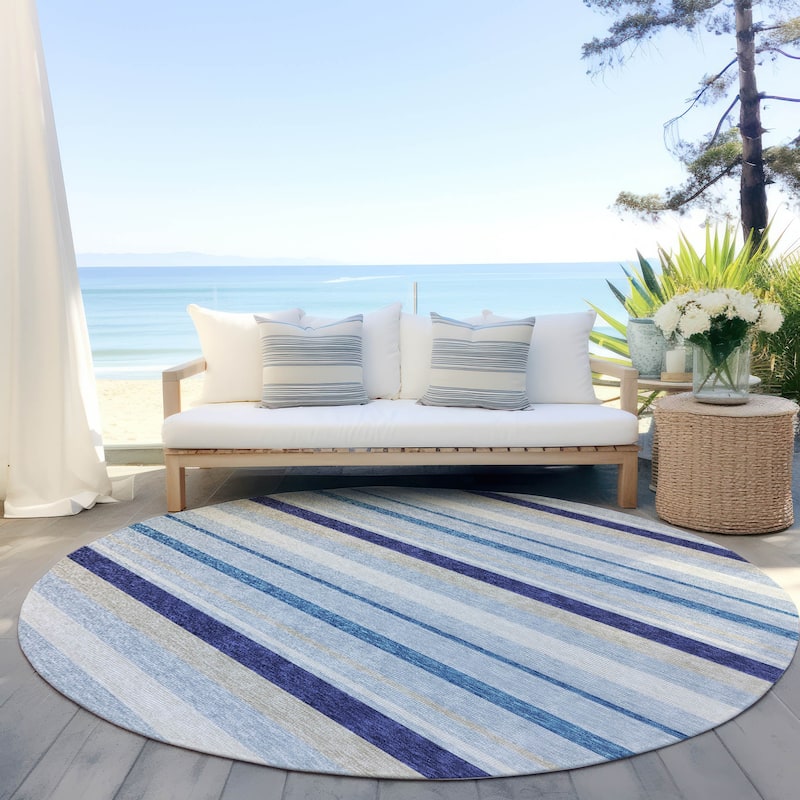 Machine Washable Indoor/ Outdoor Chantille Contemporary Stripes Rug - Blue - 8' x 8'
