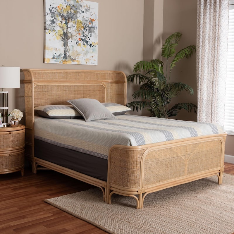 Fiore Natural Rattan Bed Frame - Handwoven Wicker Headboard and Footboard with Curved Corners, Boho Coastal Furniture, Queen