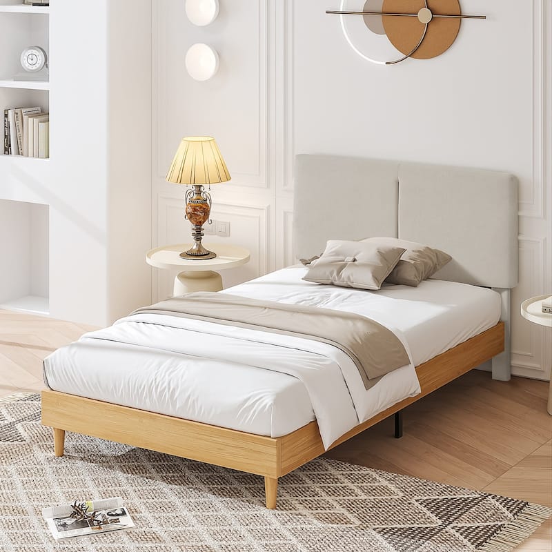 VECELO Upholstered Platform Bed Frame with Adjustable Headboard, Solid Wood Slats, No Box Spring Needed, Twin/Full/Queen Size - Beige - Twin