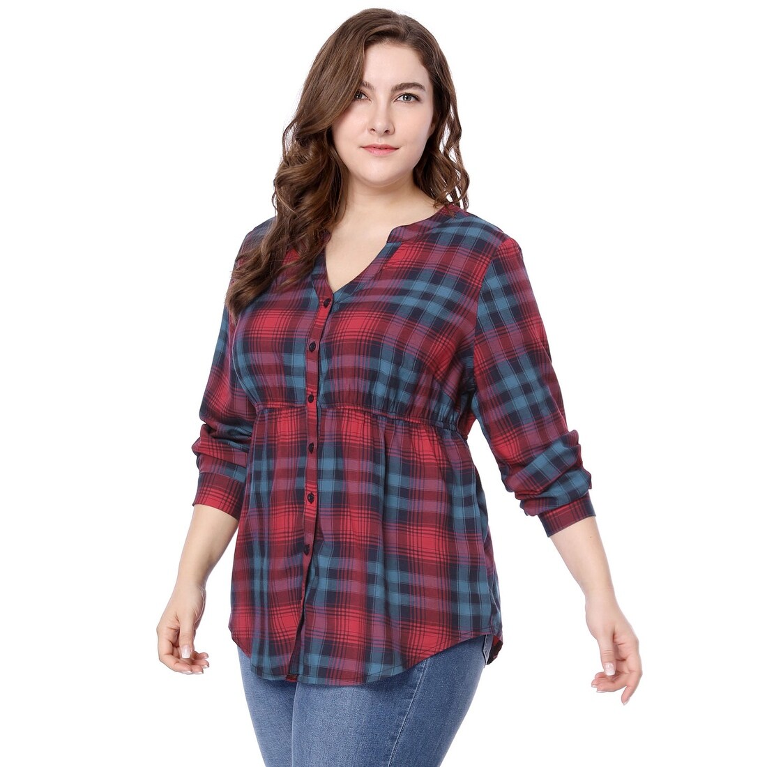 women's plus size red and black plaid shirt