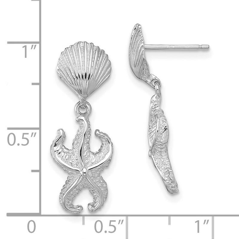 Curata 14k White Gold Shell and Starfish Double Drop Dangle Earrings 24.5x9.1mm