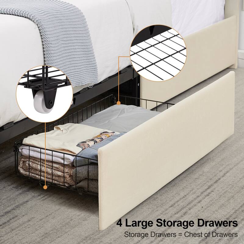 VECELO Bed Frame with 4 Storage Drawers Upholstered Platform Bedframe with Adjustable Headboard