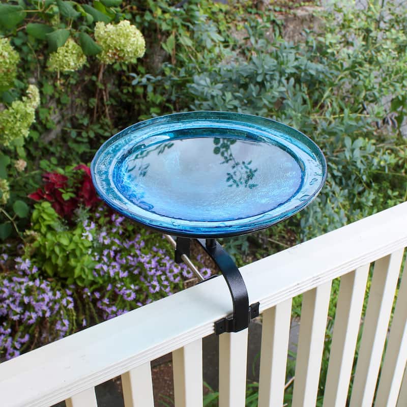 Achla Designs 12.5"Dia. Round Crackle Glass Birdbath w/Black Wrought Iron Over Rail Bracket